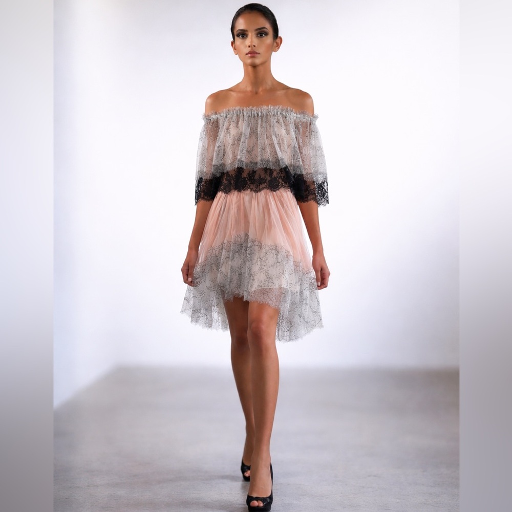 Blush pink silk black and white lace high waist high low skirt